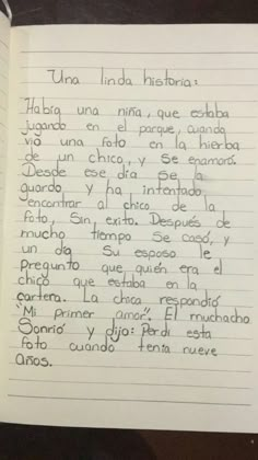 an open notebook with writing on it and the words in spanish are lined up next to each other