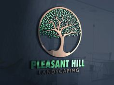 the pleasant hill landscaping logo is shown on a dark blue and green background with an oak tree in the center