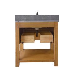 a sink with two drawers underneath it on top of a wooden table and white background