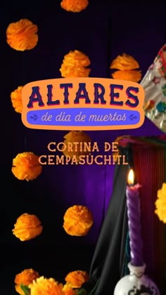 a sign that reads altares with flowers and candles in front of it on a black background