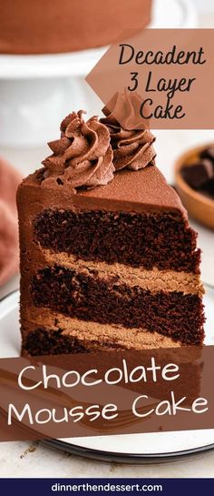 chocolate mousse cake on a white plate with the words decadent 3 layer cake above it