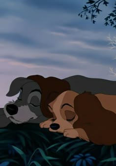 lady and the tramp sleeping together in front of a blue sky with white clouds