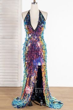 sparkly bedazzled iridescent sequin slit long prom dress Chrome Prom Dress, Iridescent Prom Dress, Rainbow Chrome, Holographic Fashion, Custom Made Prom Dress, Dress Train, Iridescent Sequin, Prom Style, Pretty Prom Dresses