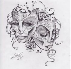 a drawing of two masks with roses and swirls on them, one is drawn in pencil