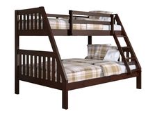 a wooden bunk bed with a pull out trundle and mattress underneath the ladder