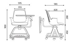 an office chair and desk with measurements