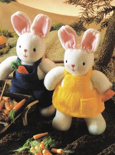 two knitted rabbits are standing next to each other in front of some carrots