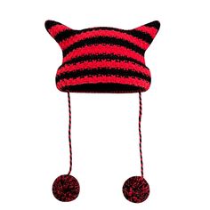 Red Striped Little Imp Horn Knit Beanie Adjustable Striped Winter Hat, Cute Red Winter Hat, Winter Striped Hats One Size Fits Most, Striped Winter Hats One Size Fits Most, Playful Red Winter Hat, Red Novelty Winter Hats, Novelty Red Winter Hat, Playful Knit Beanie, Playful Red Beanie Hat