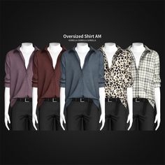 several different shirts and pants on mannequins with text overlaided shirt am