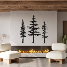 a living room filled with furniture and a fire place in front of a painting on the wall