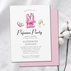 a pink and white baby shower party card with the words pajama party on it