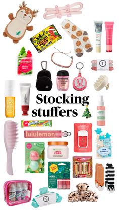 a bunch of different items that are on top of a white background with the words stocking stuff