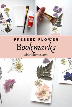 pressed flower bookmarks with flowers and leaves on them, next to an artist's paintbrush