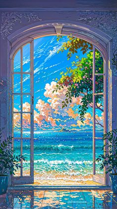 an open window shows the ocean and sky from it's beach side room, which is painted in bright colors