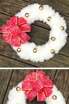 two pictures of a wreath with white feathers and red bows