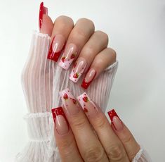 Red And Pink French Tip Nails Short, Spray Nail Art, Red French Tip Square Acrylic Nails, Acrylic Cherry Nails, Fun Summer Nails Coffin, Simple Valentines Day Nails Medium Length, Red French Tip Nails With Stars, Red French Tip Cherry Nails, Strawberry Nails Coffin