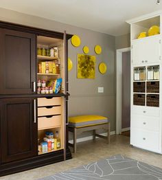 a pantry with yellow plates on the wall