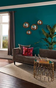 a living room with teal walls and furniture in the corner, including a couch