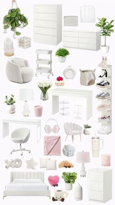 a collage of white furniture and accessories in various shapes, sizes, and colors