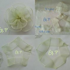 four different types of fabric flowers with measurements