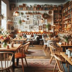 the interior of a restaurant with many tables and chairs in front of bookshelves