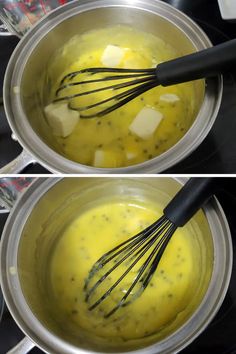 two pictures showing how to make an egg mixture in a pot with whisk