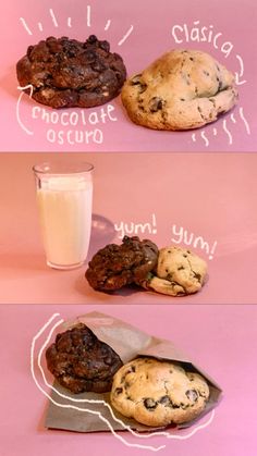 three different views of chocolate chip cookies and a glass of milk on a pink background