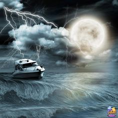 a boat floating in the ocean under a full moon