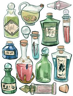 an illustration of various bottles and containers with labels on the top one is green, red, blue, and white