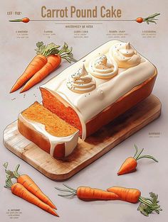 carrot pound cake on a cutting board surrounded by carrots