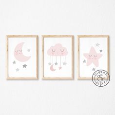 three pink and grey nursery art prints with stars, moon and clouds hanging on the wall