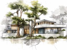 an artistic rendering of a house with trees in the foreground and water behind it