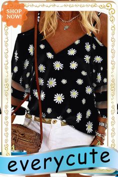 Daisy Floral Cold Shoulder Blouse Spring Party Non-stretch Blouse, Spring Party Blouse Non-stretch, Casual Spring Party Blouse, Casual Summer Party Blouse, Casual Summer Blouse For Party, Chic Summer Blouse With Prints, Casual Printed Blouse For Party, Casual Black Blouse For Spring, Chic Printed Non-stretch Blouse