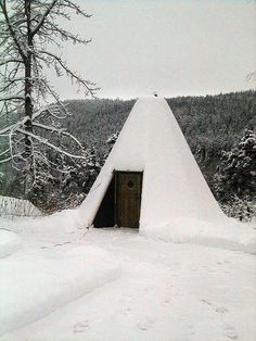 a snow covered tent in the middle of a forest