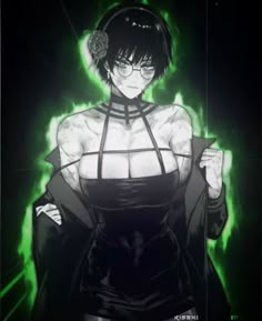 an anime character with black hair and glasses, holding a knife in his hand while wearing green