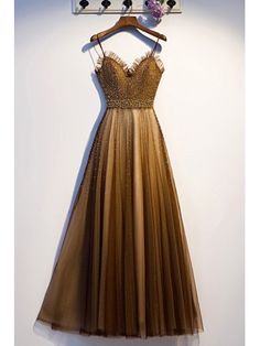 Brown Tulle Sparkly Beaded Long Prom Dress With Straps Sage Green Prom Dress, Exquisite Gowns, Evening Dress Floor Length, Green Prom Dress, Dresses 2020, Tulle Fabric, Dress Robes, Prom Party, Prom Party Dresses