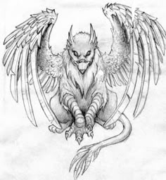 a drawing of a demon with wings on it's back and claws spread out