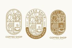 three coffee shop logos, each with different types of cups and plants in them on white background