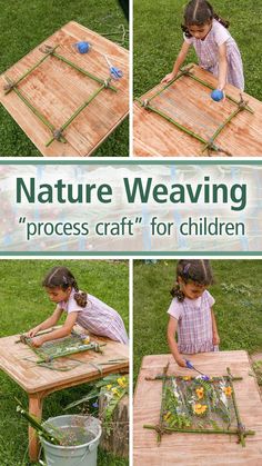 a collage of photos showing how to make a nature weaving project for children with grass and flowers