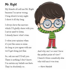 a poem with an image of a boy wearing glasses and the words mr right on it