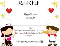 a certificate with two children holding pizzas in front of the words, mini chef