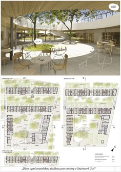 an architectural drawing shows the interior and exterior of a building with tables, chairs, and benches