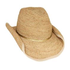 Curled, ribbon bound brim 4" wide. Gold leatherette detail. Metallic thread accent. Dented, slightly pinched crown. Adjustable drawstring inside crown. One size. 100% raffia Adjustable Straw Hat For Rodeo With Short Brim, Adjustable Braided Straw Hat In Country Style, Adjustable Braided Country Straw Hat, Adjustable Straw Fedora For Rodeo, Adjustable Straw Hats For Rodeo, Brimmed Straw Ranch Hats, Adjustable Straw Hat With Curved Brim For Country Events, Rodeo Braided Hat With Short Brim, Rodeo Hats With Braided Short Brim