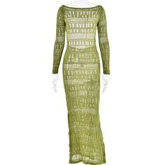 F00218153-104 Chic Green Backless Bodycon Dress, Long Hollow Out Dresses, Long Stretch Dress For Club, Fitted Long Sleeve Dress For The Beach, Long Hollow Out Dress For Spring, Long Hollow Out Dresses For Spring, Stretch Long Sleeve Hollow Out Dress, Elegant Green Maxi Dress For Club, Fitted Green Backless Maxi Dress