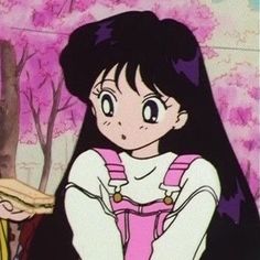 an anime character with long black hair standing next to another character in front of pink trees