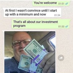 an old man is holding money in his hand and the text reads, you're welcome at first i want convince until i start up with a millennium and now that's all about our investment program