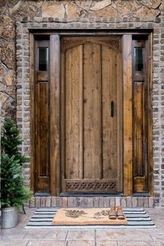 a wooden door sitting on the side of a stone building next to a potted plant