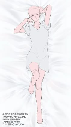 a drawing of a woman in white dress with her arms behind her head and legs crossed