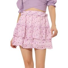 Simple and cute, this skirt is complete with a floral print, a layered ruffle hem, and an elastic high waist. Enchanting blooms sweeten this mini skirt. A romantic look in spring and a fresh look in summer. Add a completely cute and unique vibe to your look with this floral mini-skirt. This skirt is suitable for going to the beach, which is unique and cool and can attract people’s attention. Perfect to pair it with sandals or high heels for a sweet look. Casual Summer Skirt, Tailored Fashion, Skirt Purple, Clueless Outfits, Ruffle Fabric, A Line Mini Skirt, Floral Mini Skirt, Casual Weekend, Casual Skirt