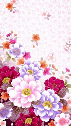 an abstract floral background with pink, purple and white flowers on the bottom right corner